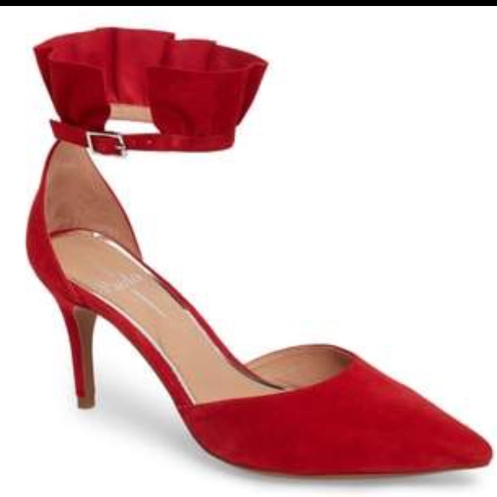 Red Ankle-Ruffle Pointed Toe Pump